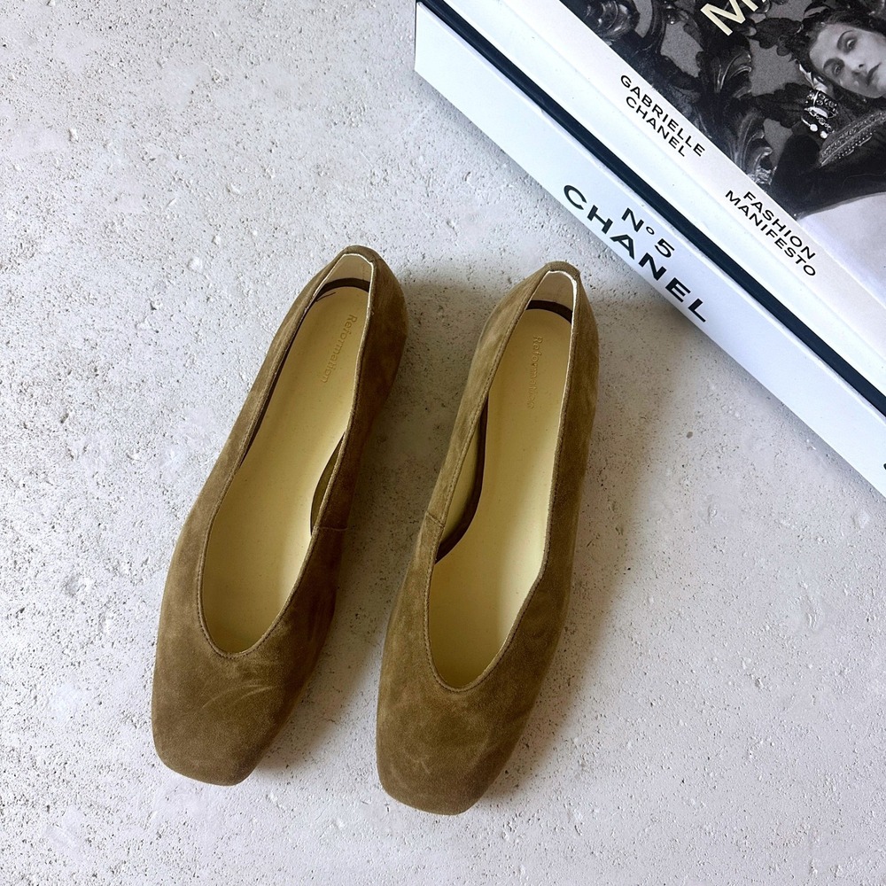 NEW Reformation Prudence Ballet Flats Olive Green Suede Square Toe Slip On 9 - Picture 4 of 7
